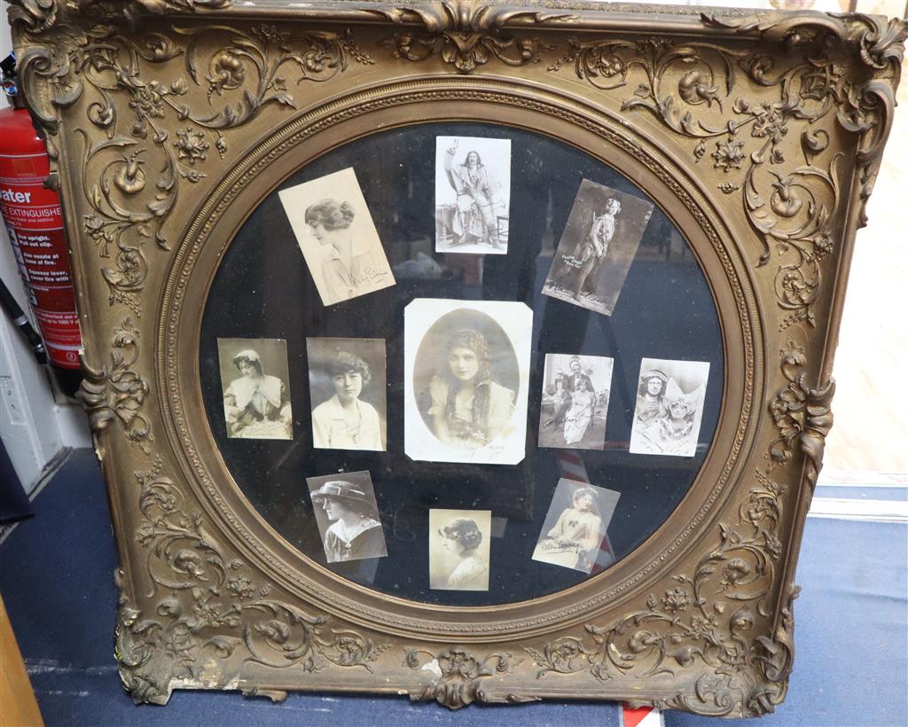 Eleven signed monochrome photographs of actors and actresses in Victorian gilt gesso frame to include Mary Pickford and Ellen Terry